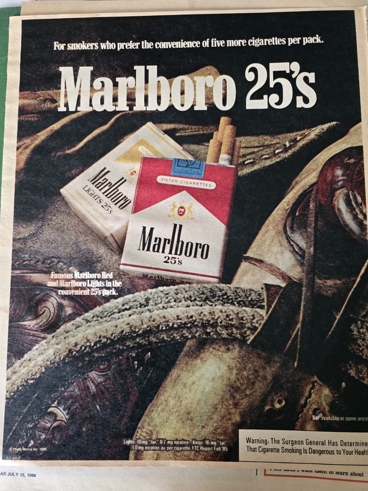 1985 Marlboro 25's Cigarettes Saddle Smokers prefer convenience ad
