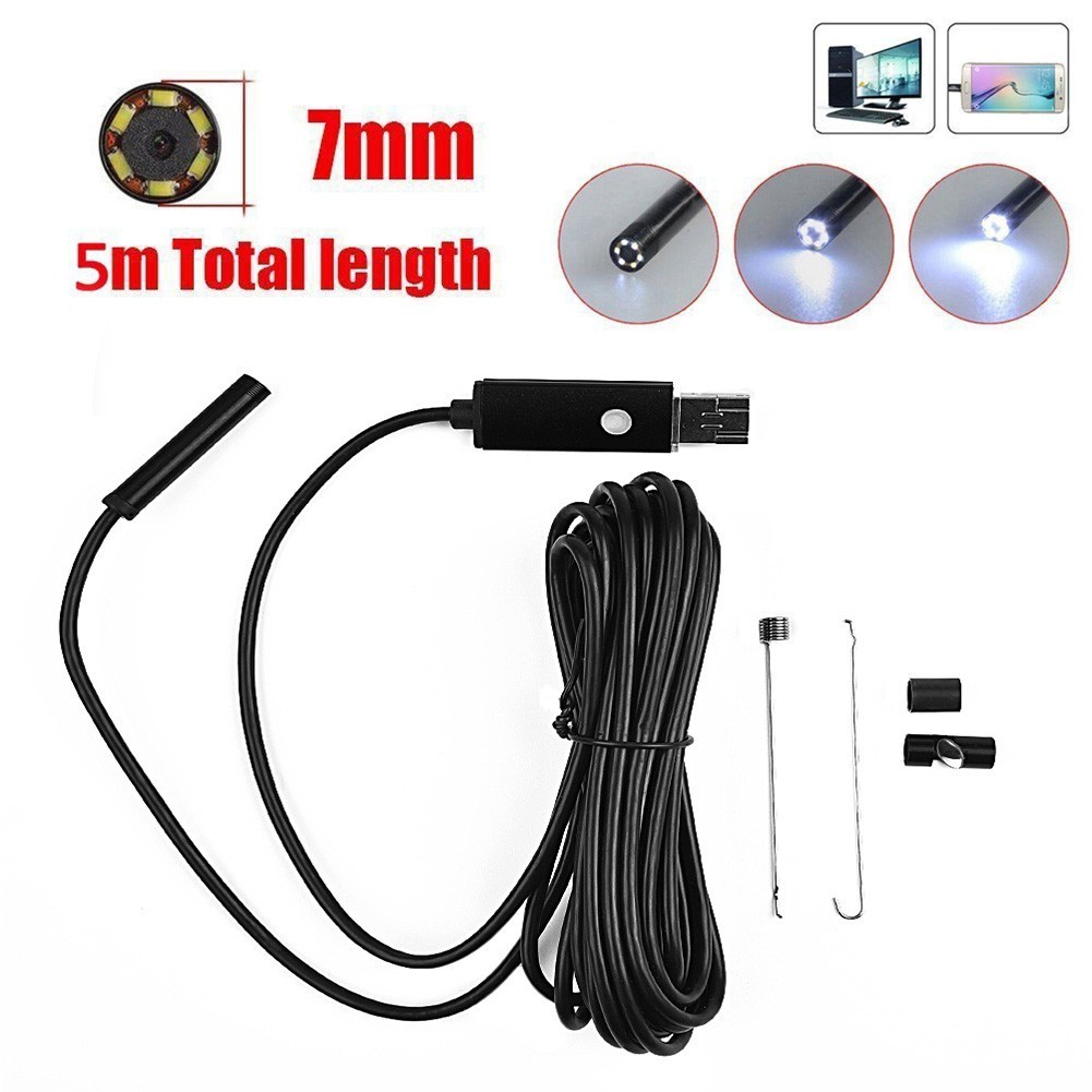 LED Waterproof Borescope USB Inspection Tube Camera 5M Pipe 7mm