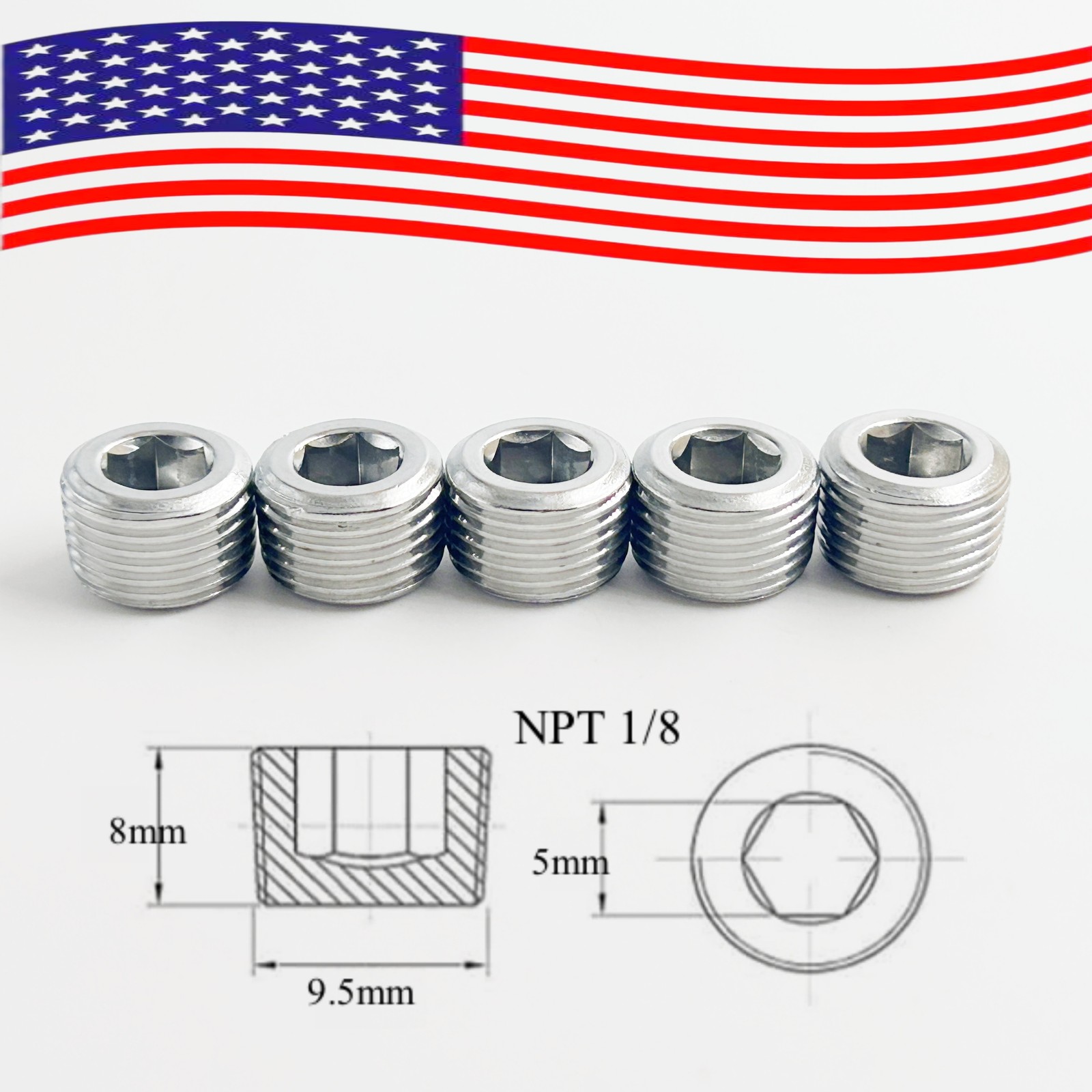 5 Pack 1/8NPT Male Pipe Plug Internal Hex Thread Socket Stainless Steel Silver