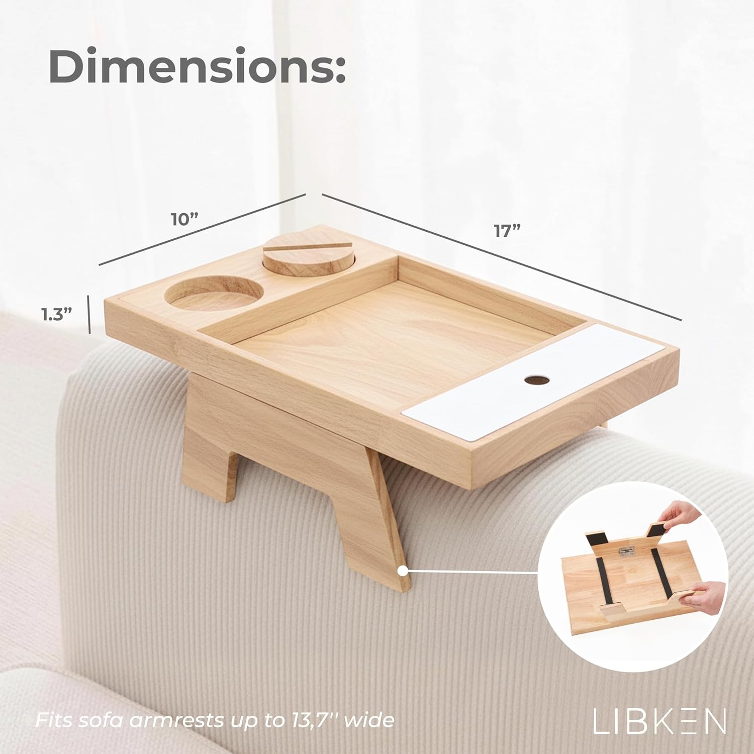 Couch Arm Tray – Rubberwood Sofa Armrest Table W/ Extra Storage Compartment