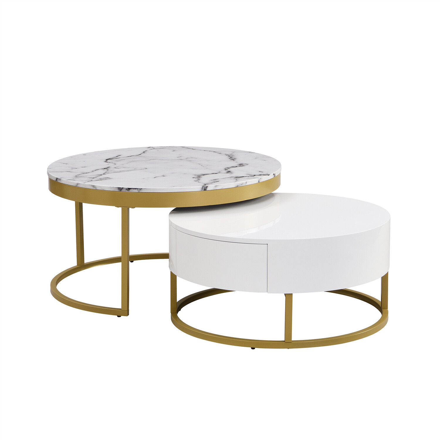 Modern Round Nesting Coffee Table Center Cocktail Table End Table w/ 2 Drawer