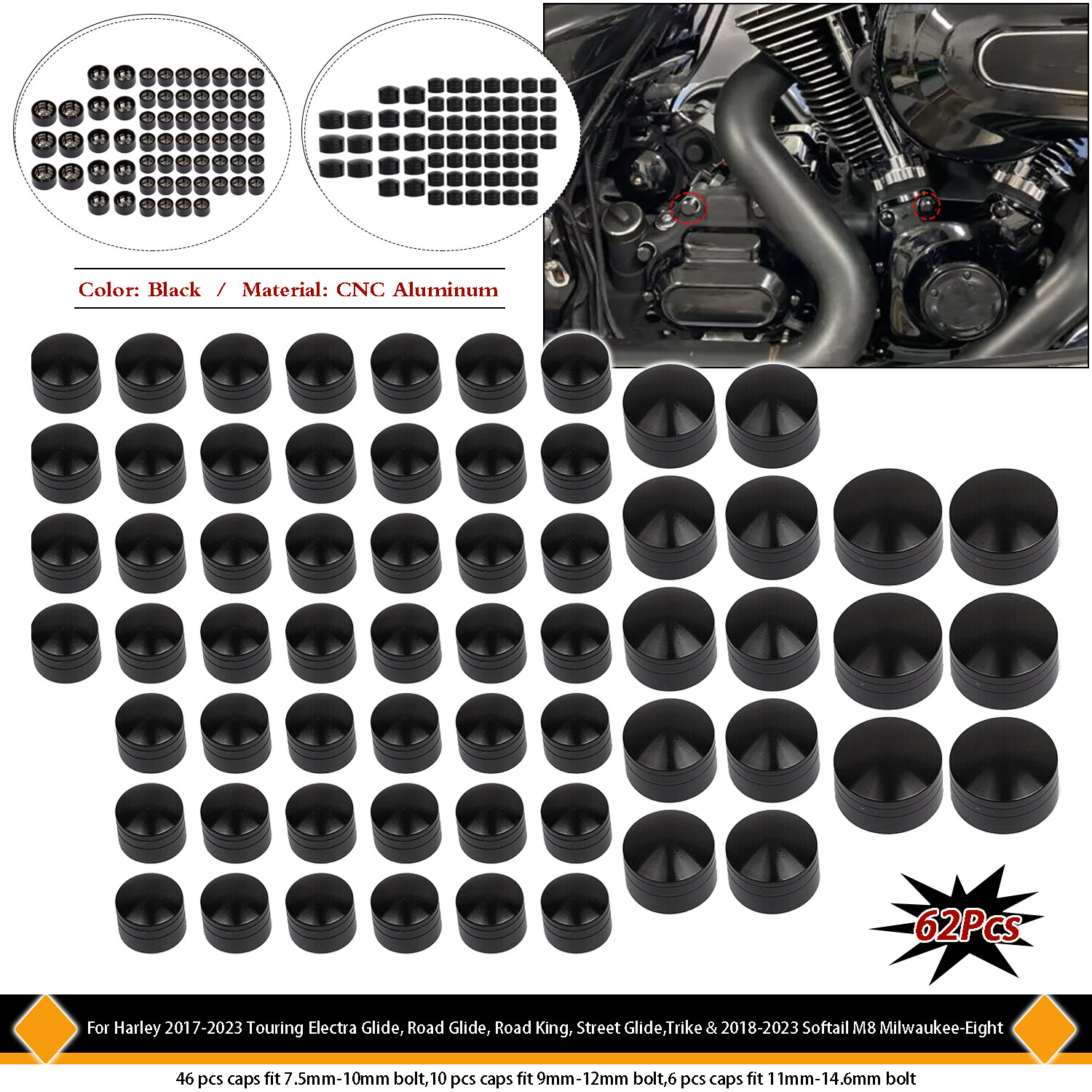 62Pcs Toppers Engine Bolt Caps Kit For Harley Touring 17-23 Road King Glide FLHR