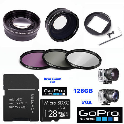 GOPRO HERO4 BLACK FISHEYE MACRO LENS  +TELEPHOTO LENS + FILTER KIT +128GB CARD