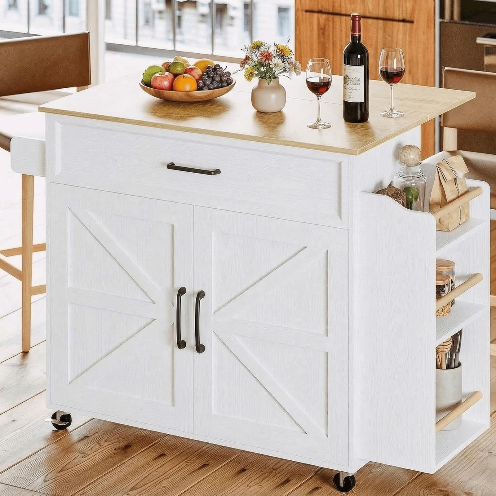Kitchen Island Table with Storage, Rolling Kitchen Cart with Power Outlet, St...