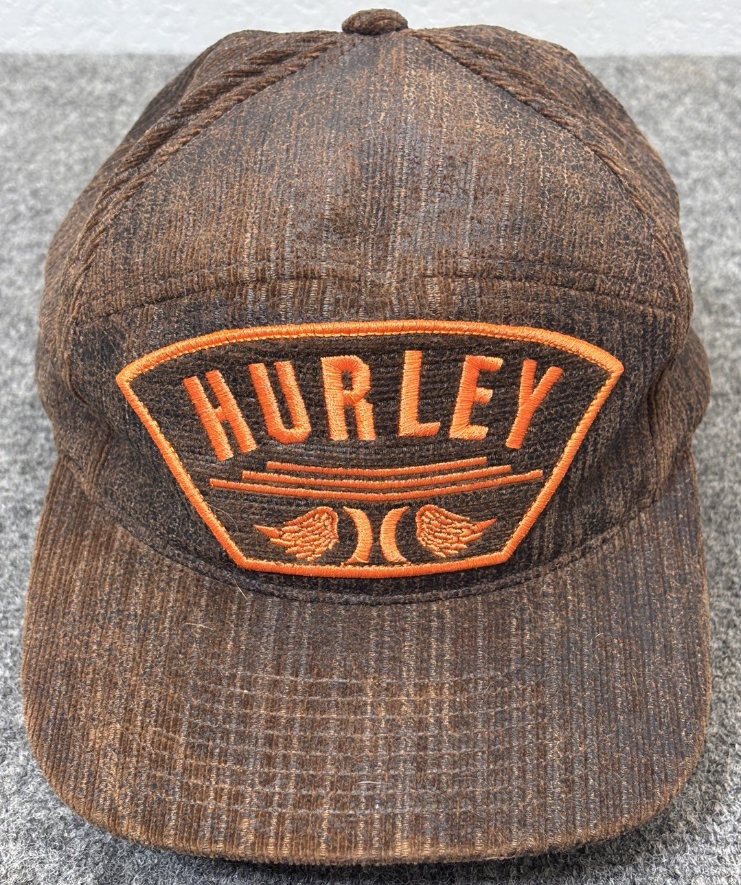 Hurley Snapback Hat Brown Fabric w/Orange Hurley Wings Patch