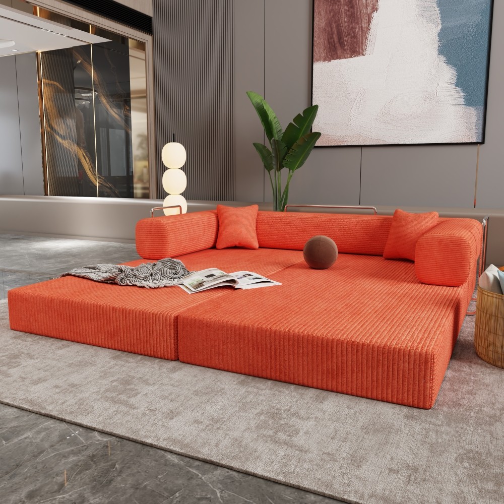 Sleeper Sofa Bed 2-Seater Convertible Couch Corduroy Foam Orange
