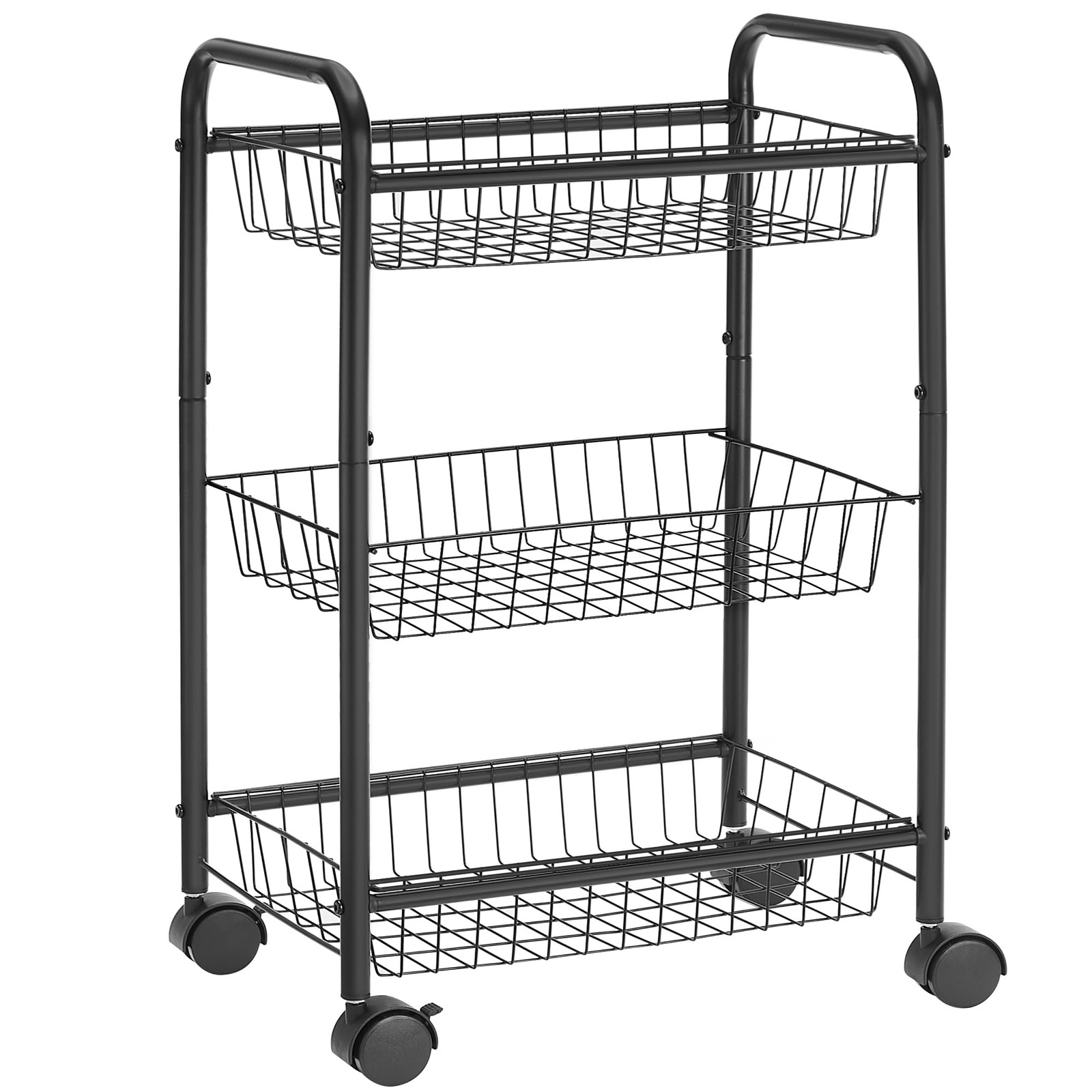 3-Tier Metal Rolling Cart on Wheels with Baskets, Lockable Utility Trolley wi...
