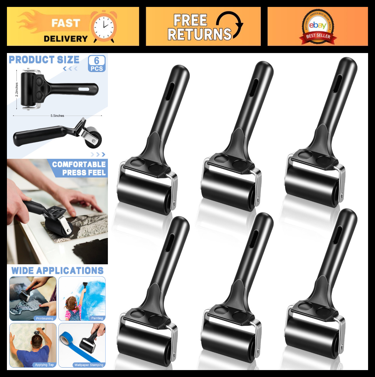 6 Pack 2.2" Rubber Brayer Rollers for Crafting, Printing, Inking & Stamping