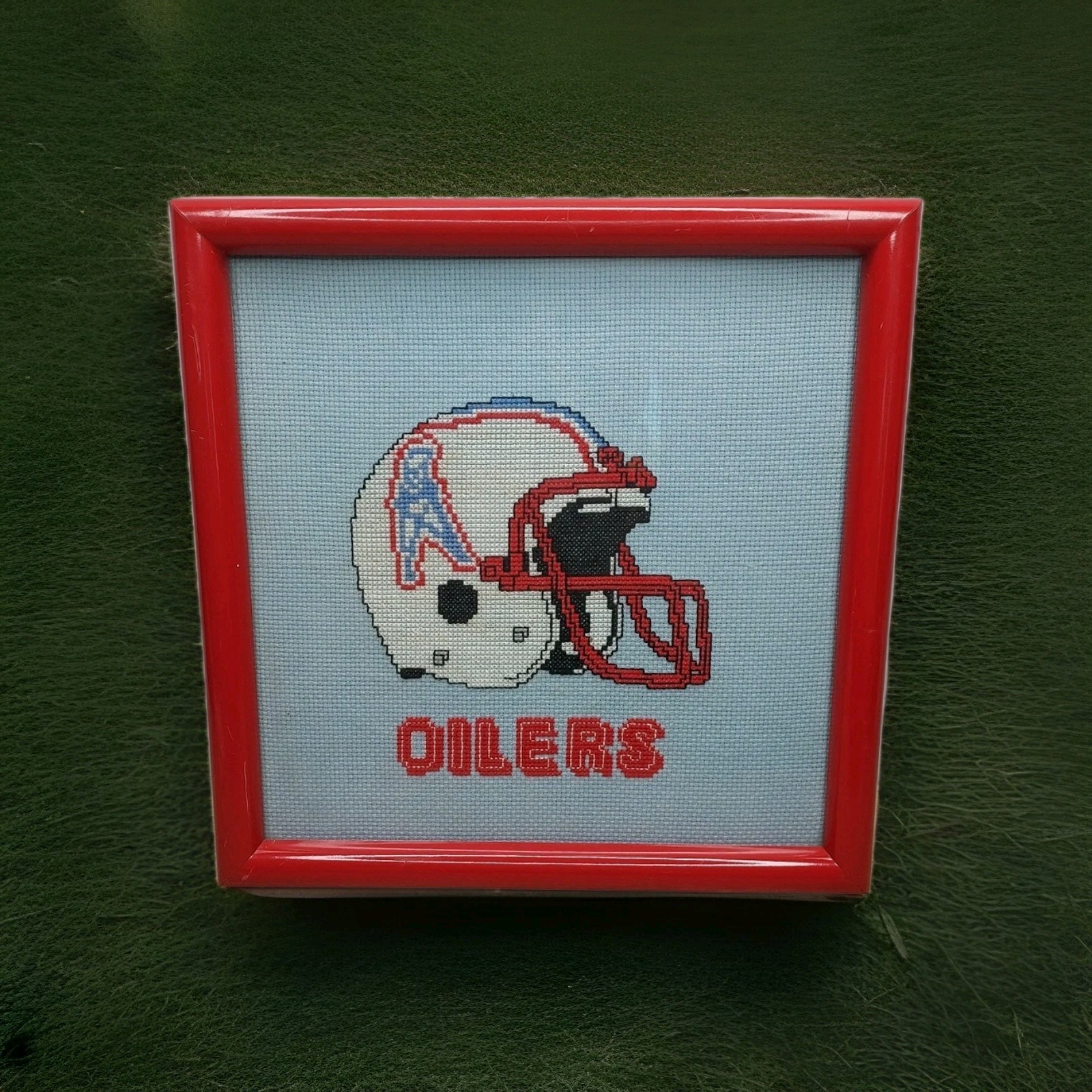 Vtg Houston Oilers NFL Football Team Completed Cross Stitch Framed Picture