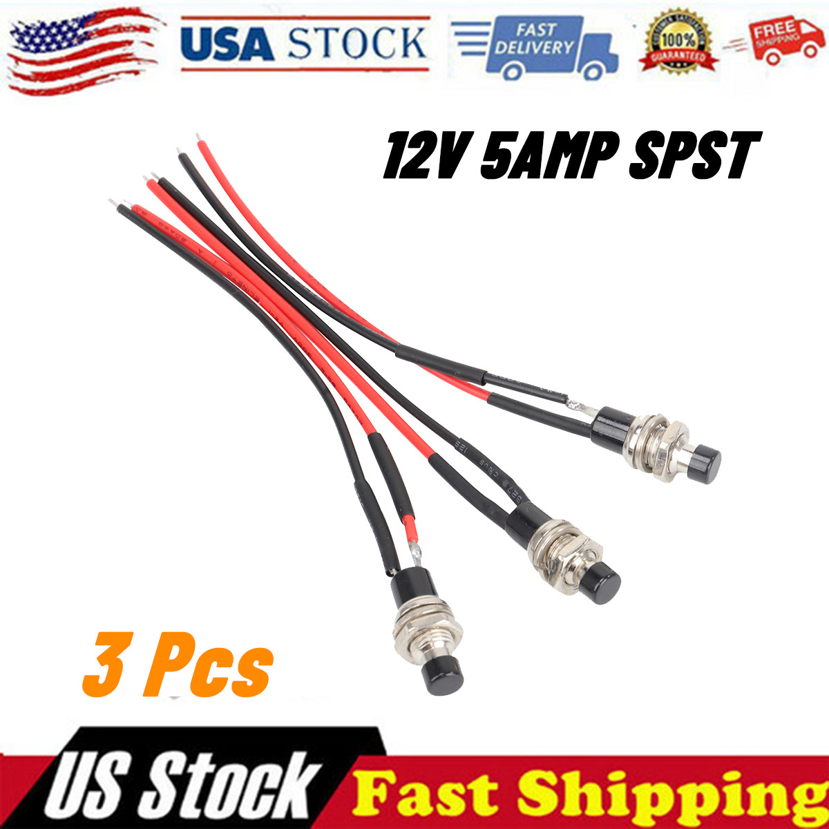 3 Pack Mini Push Button Pre-Wired Momentary OFF-ON Switch Plug 12V 5AMP SPST