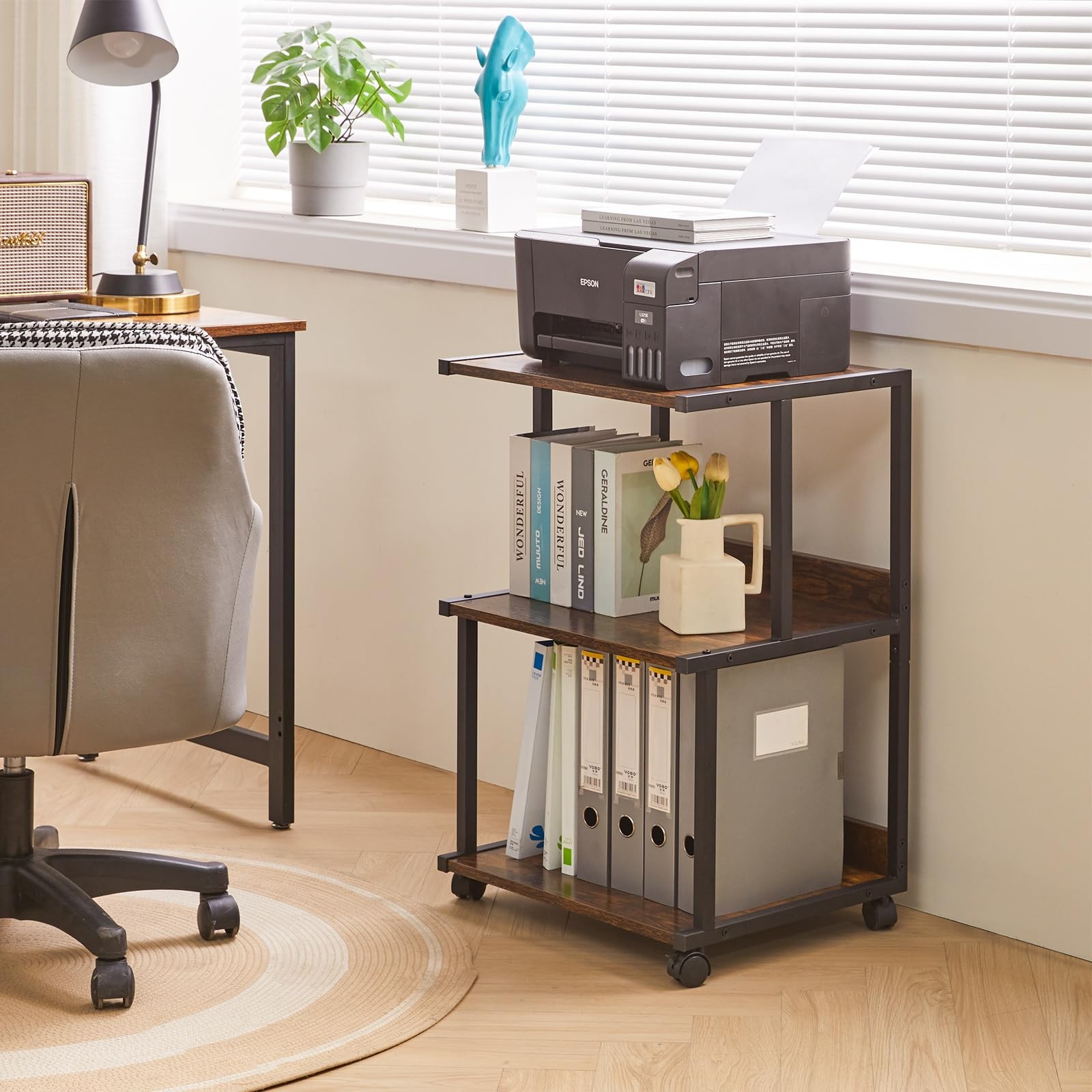 Printer Stand with Storage Shelf,3 Tier Printer Table with Wheels,Printer Cart f