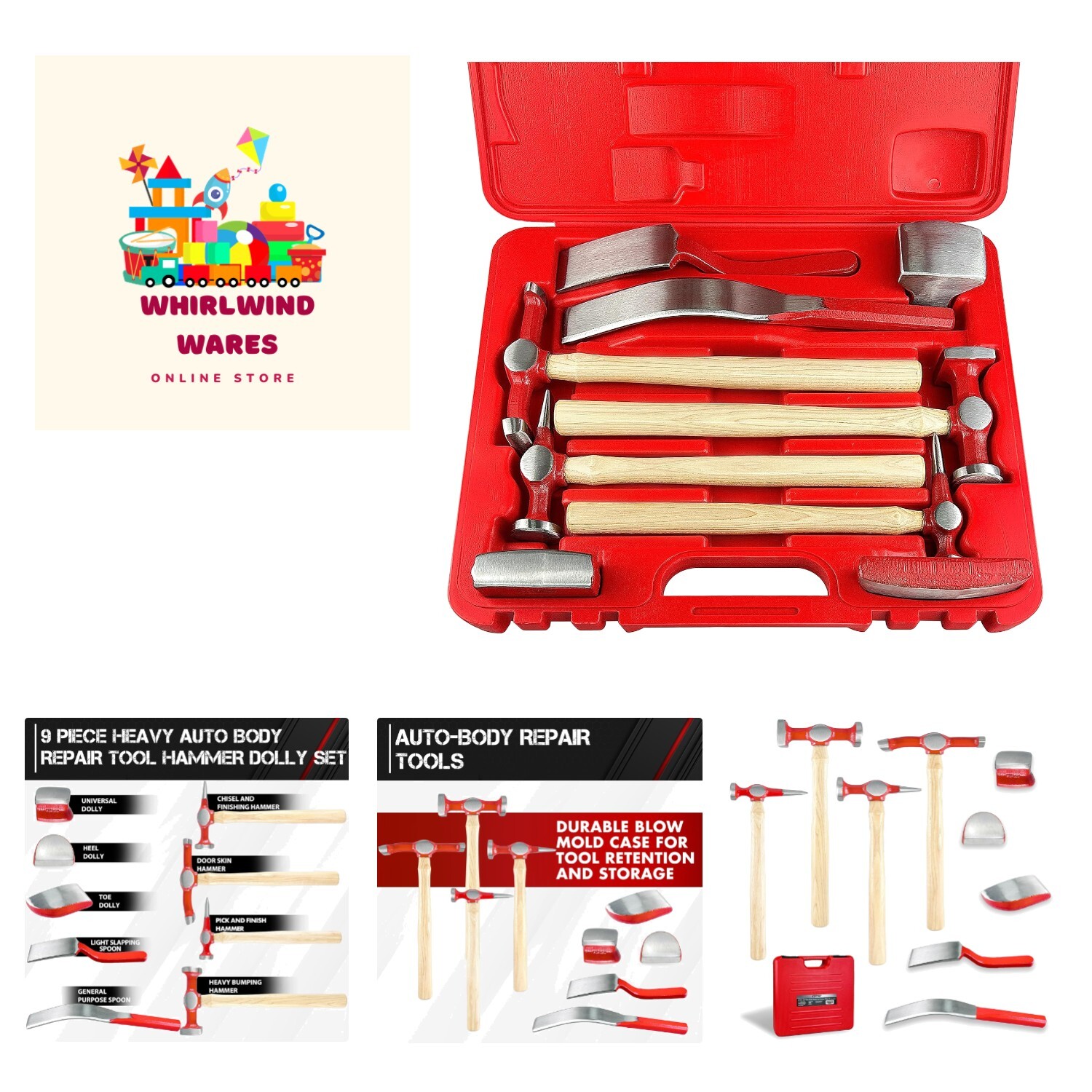 9 Piece Heavy Auto Body Repair Tool Hammer Dolly Set, Car Body Repair Tool Ki...