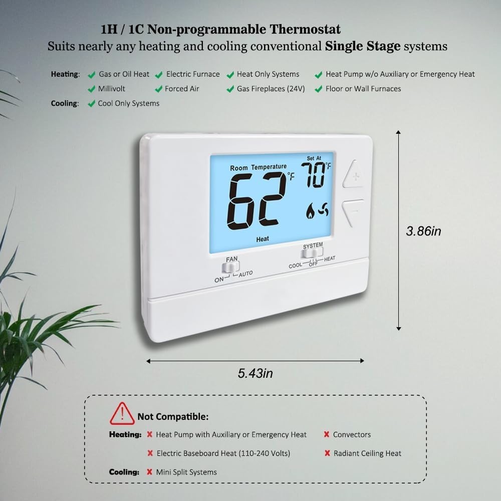 Non-Programmable Digital Thermostat with White Backlight - Energy Efficient