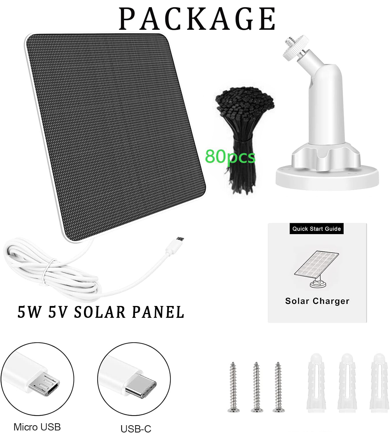 Solar Battery Charger Micro USB+Type-C Charging Solar Panel for Security Camera