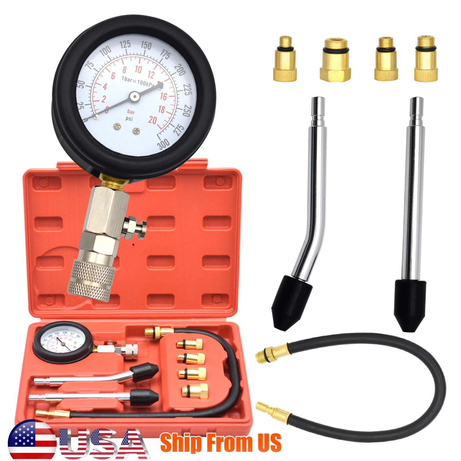 Petrol Engine Compression Tester Gauge 0-300psi Kit Tool For Motorcycle Car Auto
