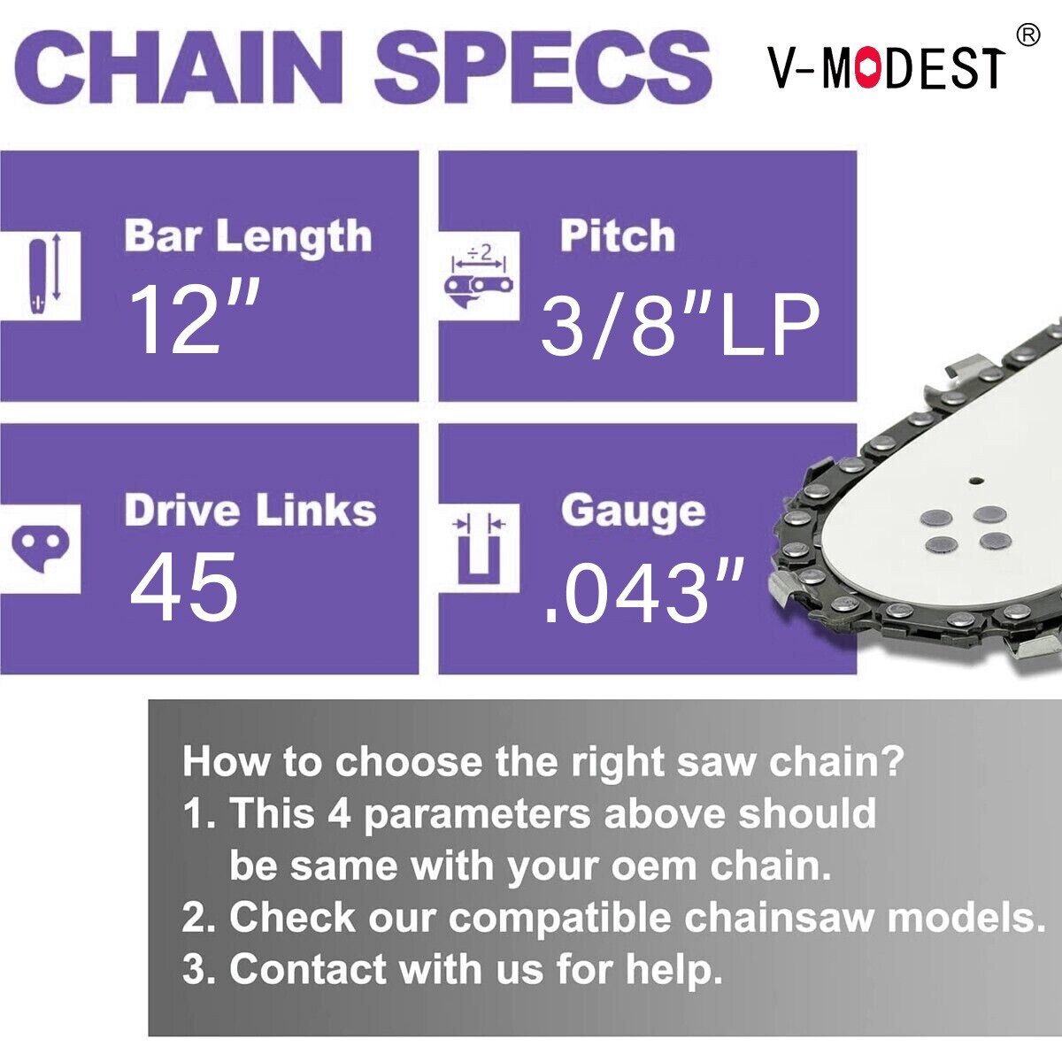 3PACK 12" Chainsaw Chain For KOBALT 24V Model KCS 1224A-03 3/8"LP .043" 45DL