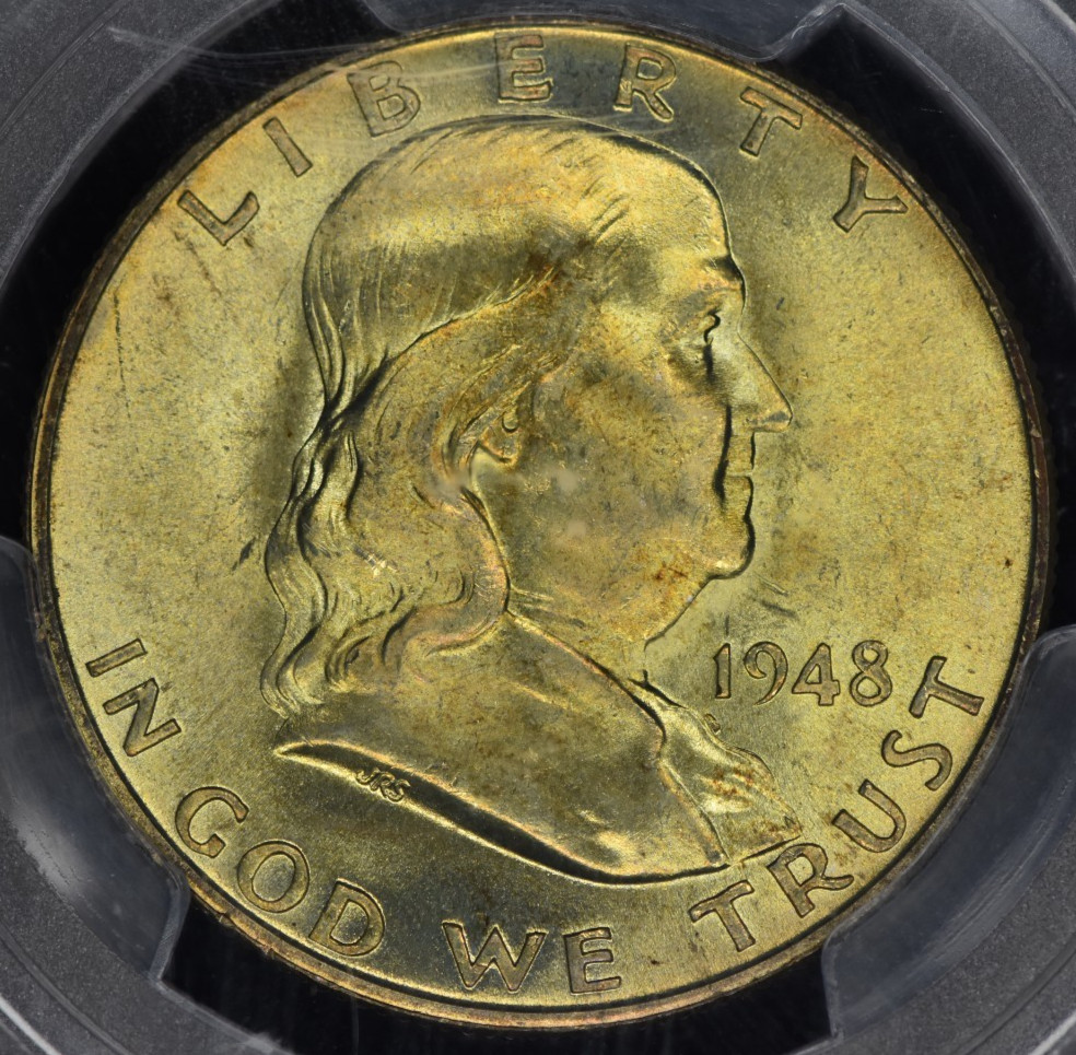 1948 Franklin Half Dollar PCGS MS65FBL - Blue/Green Toned