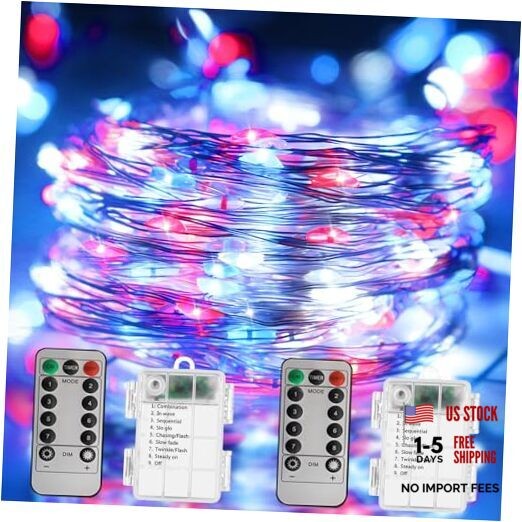 4th of July Decorations Lights, Red White Blue Fairy Red White Blue-2 Pack