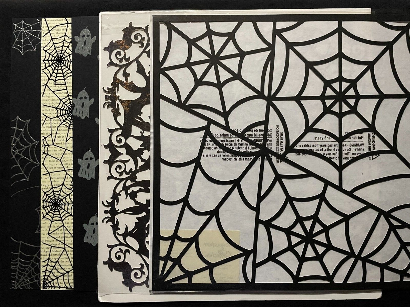 HALLOWEEN ASSORTED SPIDER WEB, BAT AND GHOST GLITTERED, FLOCKED, LACE PAPER