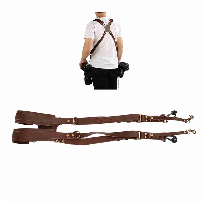 Leather Dual Shoulder Camera Strap Adjustable Camera Harness Rivet Design