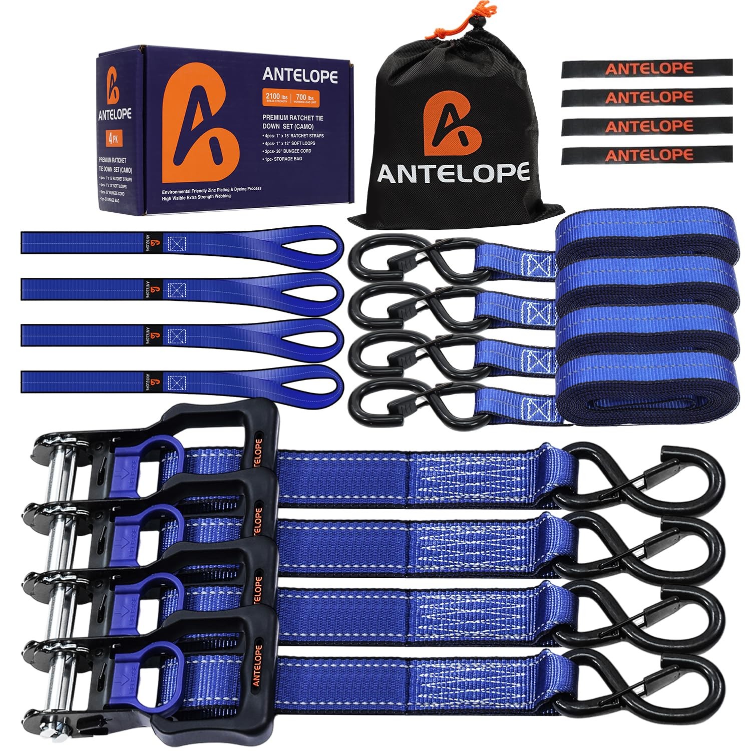 Ratchet Tie Down Straps Set, 2100 LBS Breaking 2100 lb -1.0in x 15ft, Blue