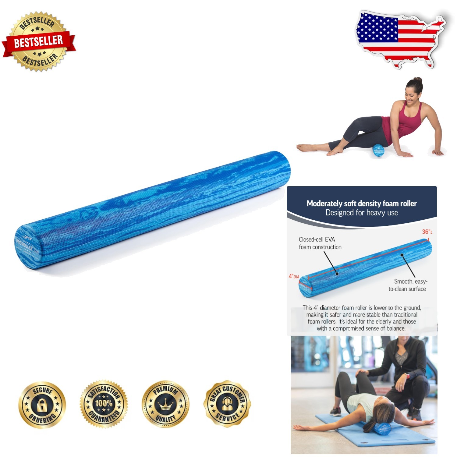 PRO-Roller Soft Foam Roller 36" x 4" Blue - Professional Muscle Recovery