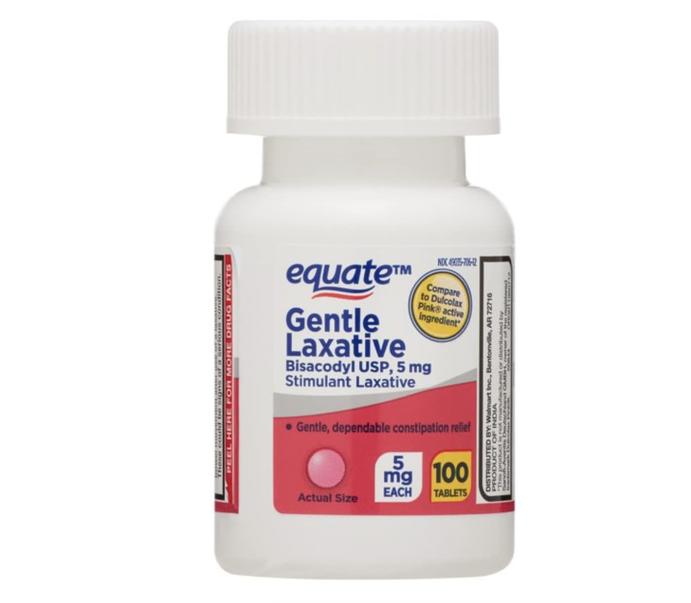 100 CT bottle gentle laxative tablets, Bisacodyl USP 5mg by equate Compare to D