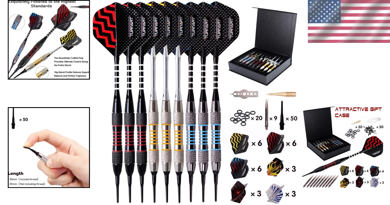 Deluxe Soft Tip Darts Set - 9 Dart Design with Elegant Case & Flight Protectors