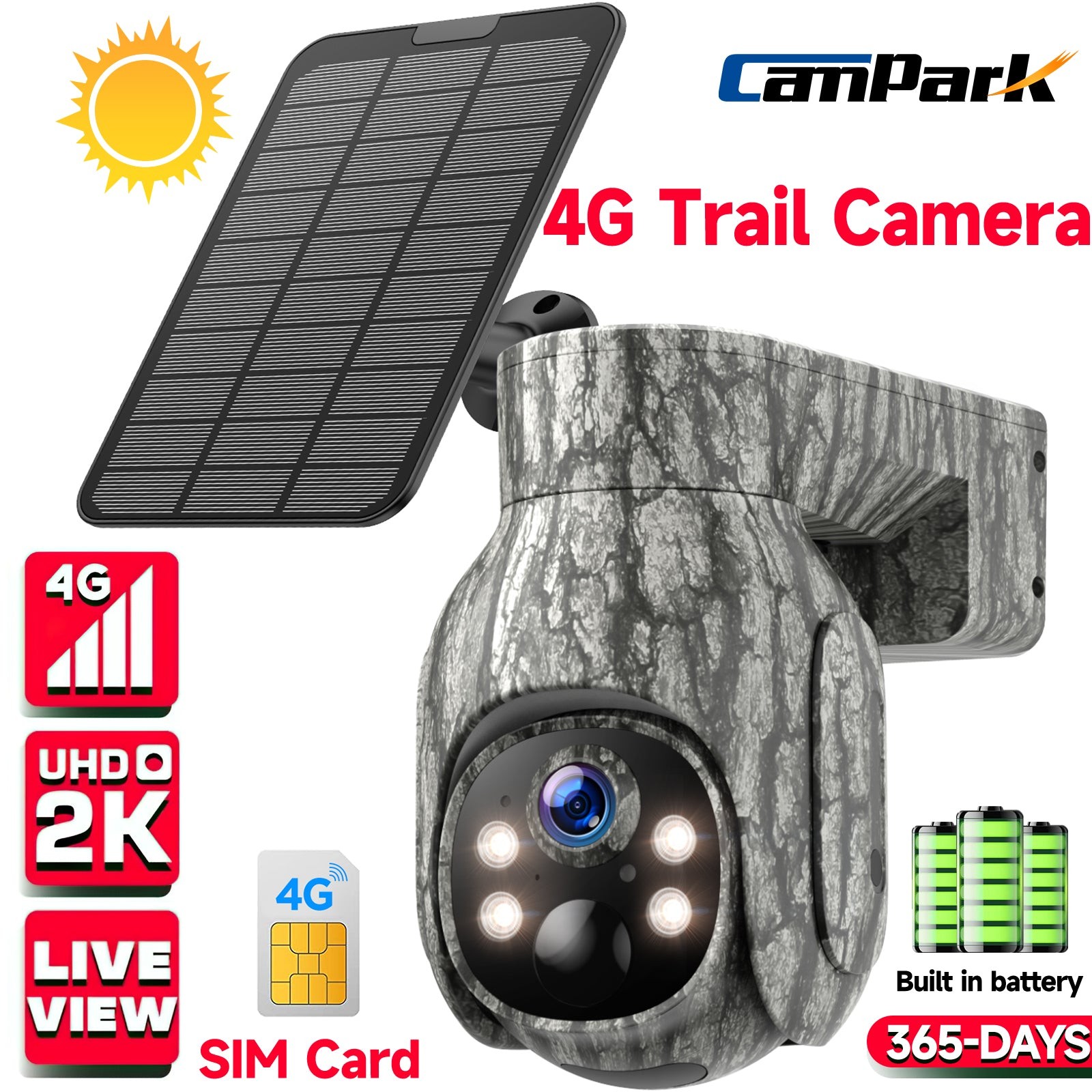 Campark Solar Powered 4G LTE Cellular 2K PTZ Trail Camera Hunting W/US SIM Card