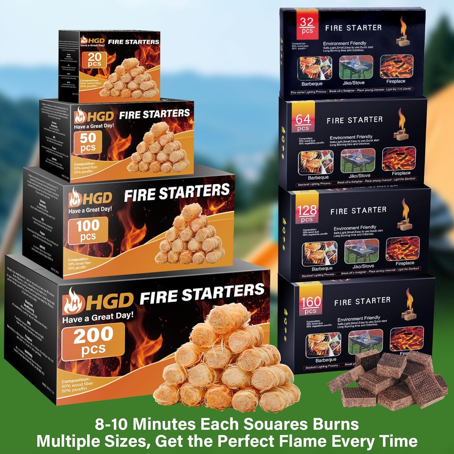 Fire Starter, 64 Mini Square, Natural Fire Starters for BBQ, Campfire, Fireplace