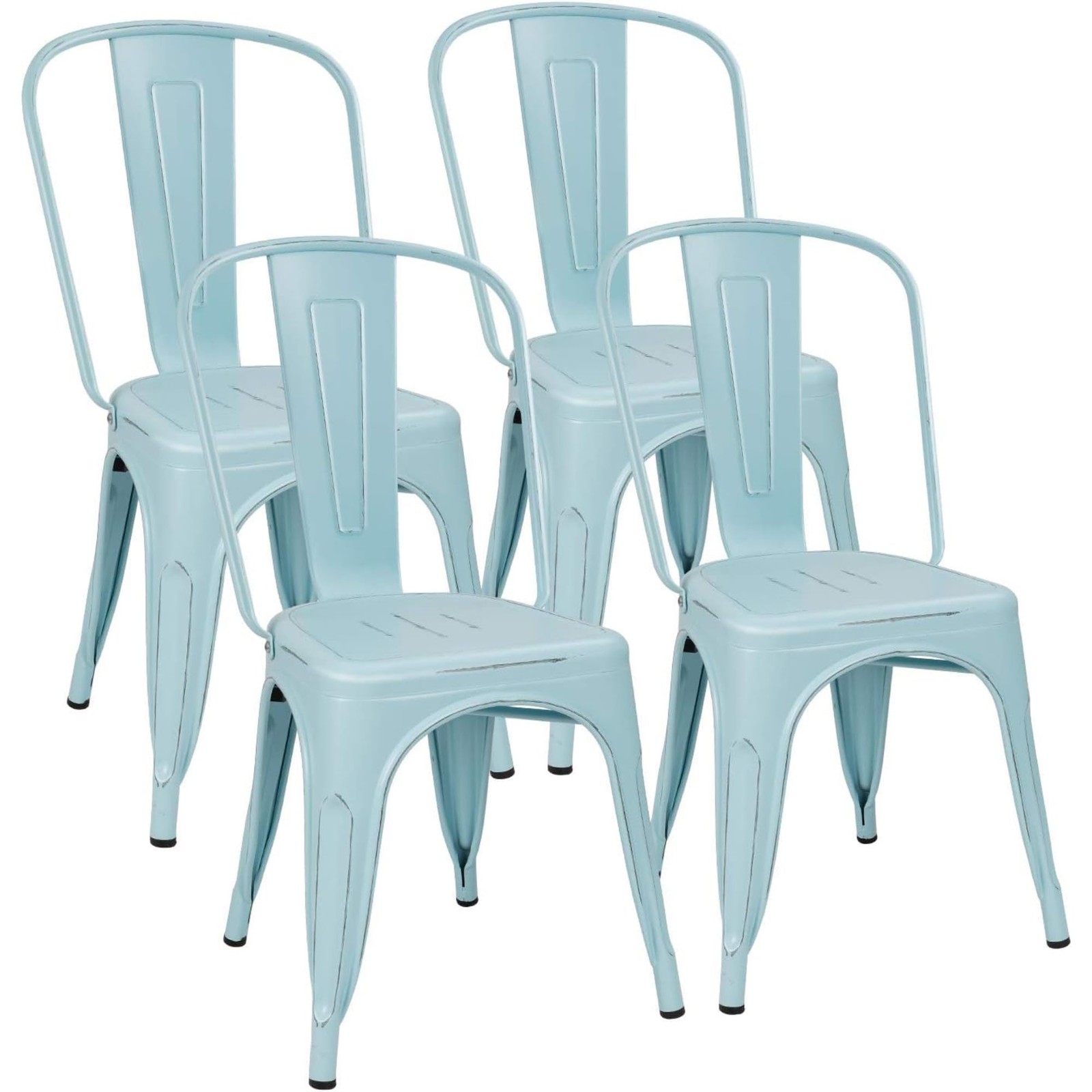 Set of 4 Distressed Blue Metal Industrial Stackable Side Chairs Indoor-Outdoor