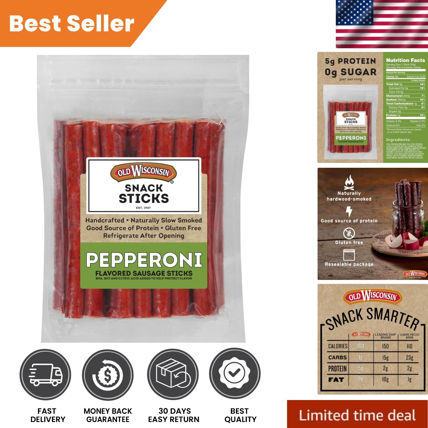 High Protein Pepperoni Sausage Snack Sticks - Ready to Eat, Gluten Free - 28oz
