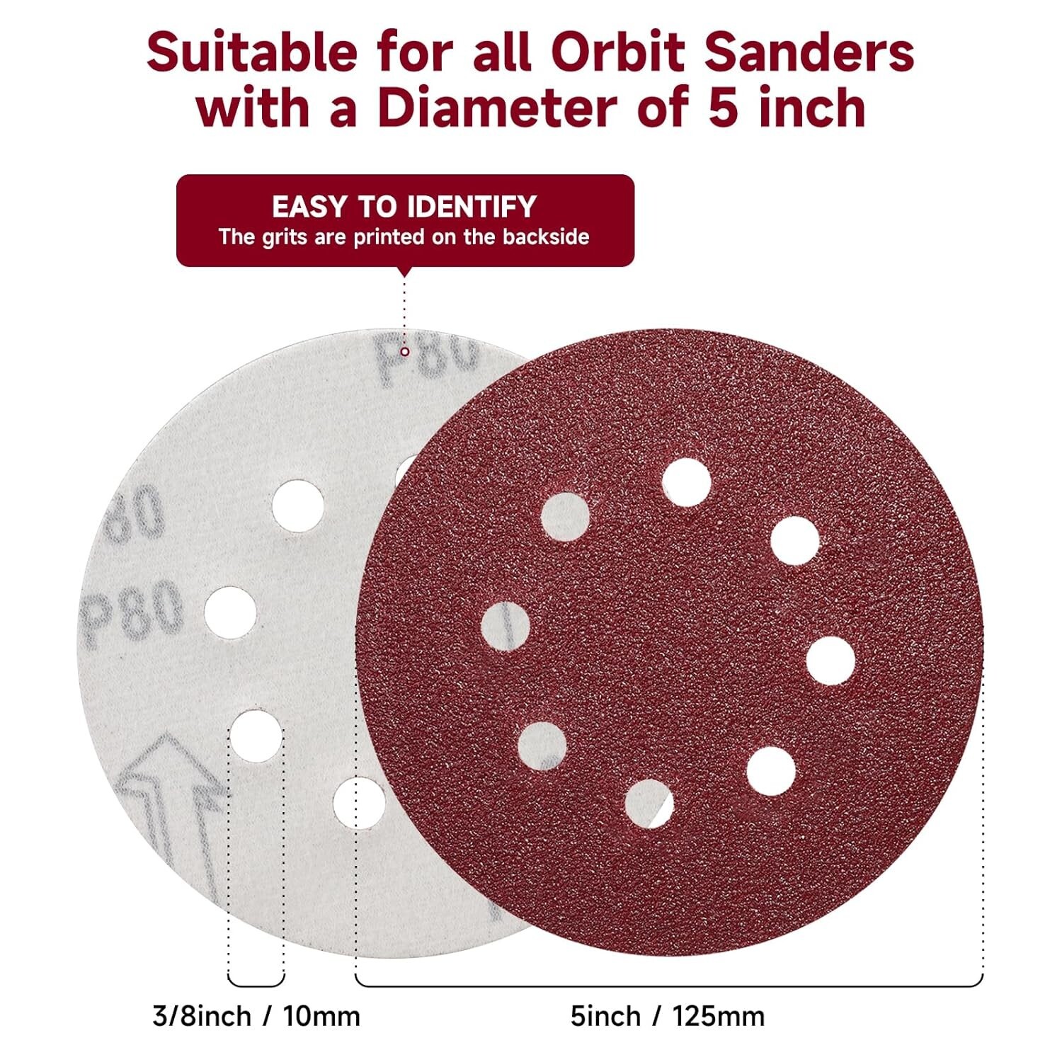 8-Hole 5" 400 Grit Sanding Discs - 100 Pack Hook & Loop for Clean Workspaces