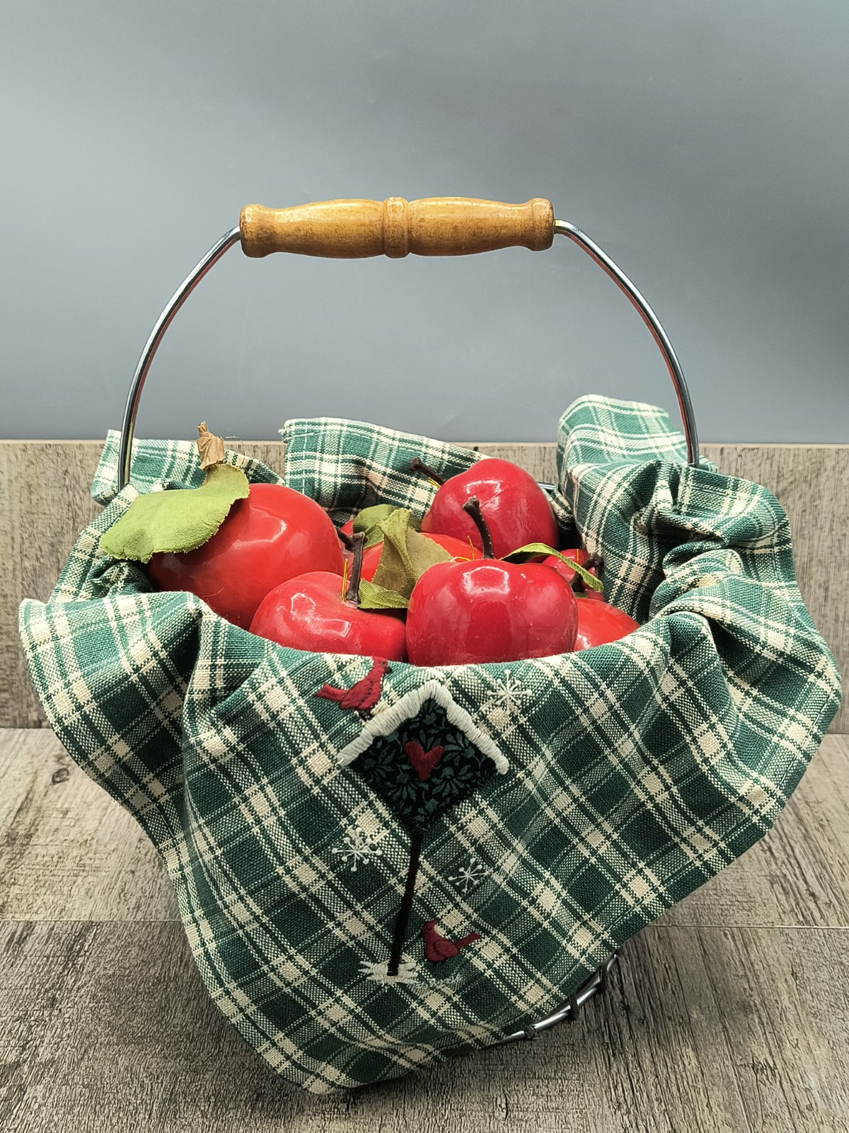 Wavy Metal Fruit Basket Filled W/ 13 Faux Apples, Plaid Red Cardinals Hand towel