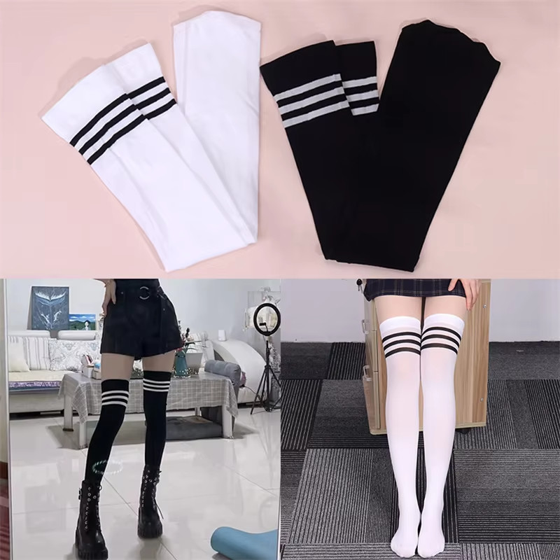 Over Knee Thigh High Warm Socks, Teens Girls, School Uniform, Black and White