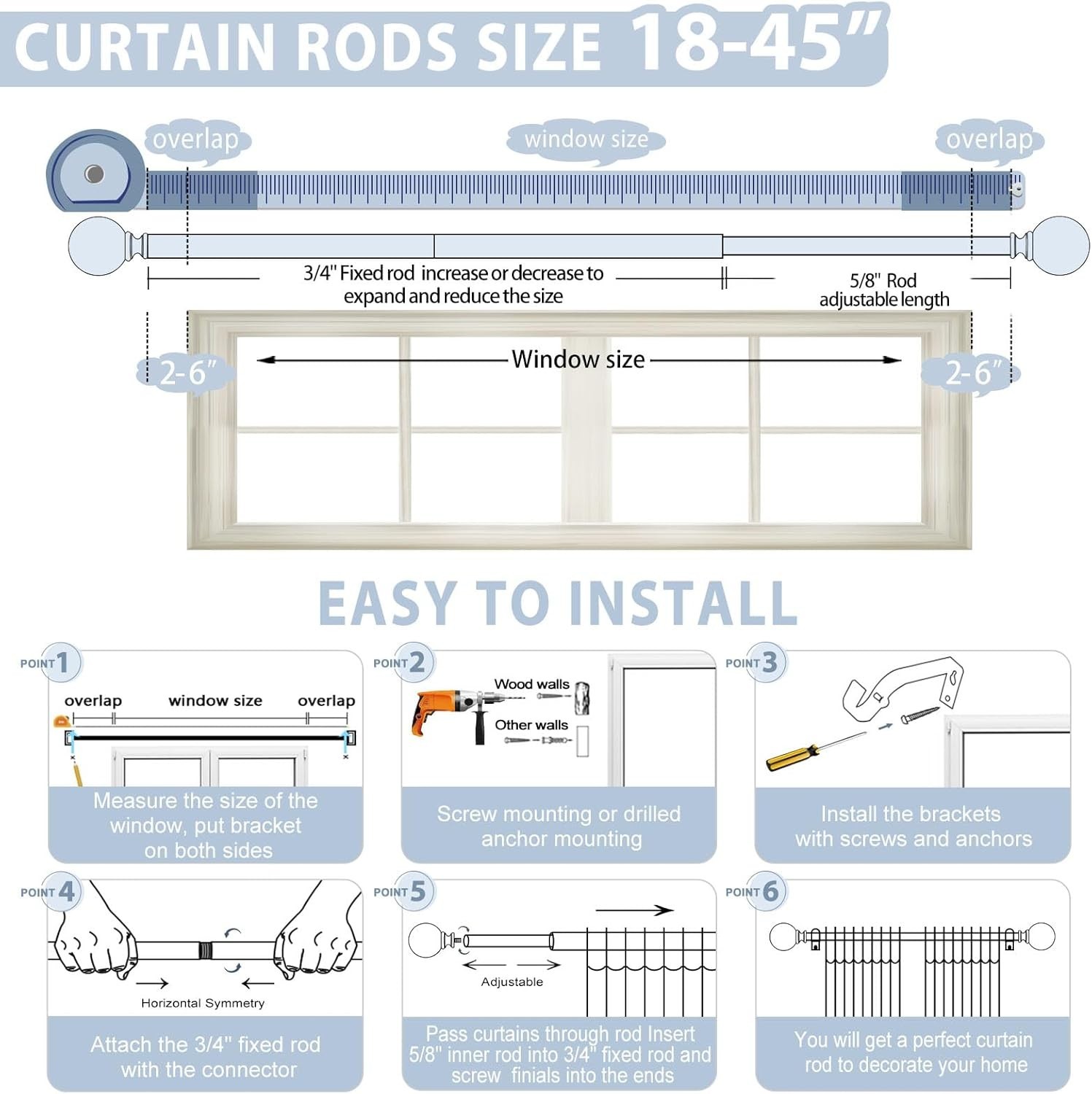 Decorative Curtain Rod with Crystal Finials Adjustable 18-45" Telescoping Silver