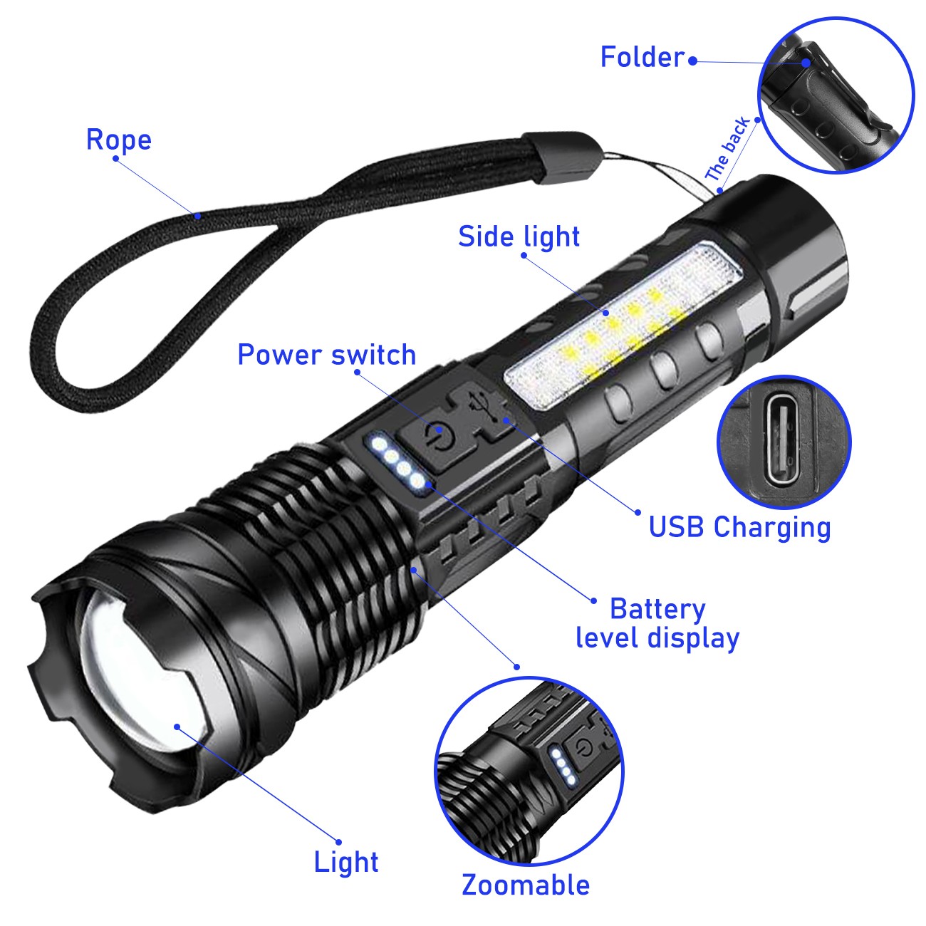 Rechargeable LED Flashlight Tactical Super Bright Torch Light 3 Lighting Color