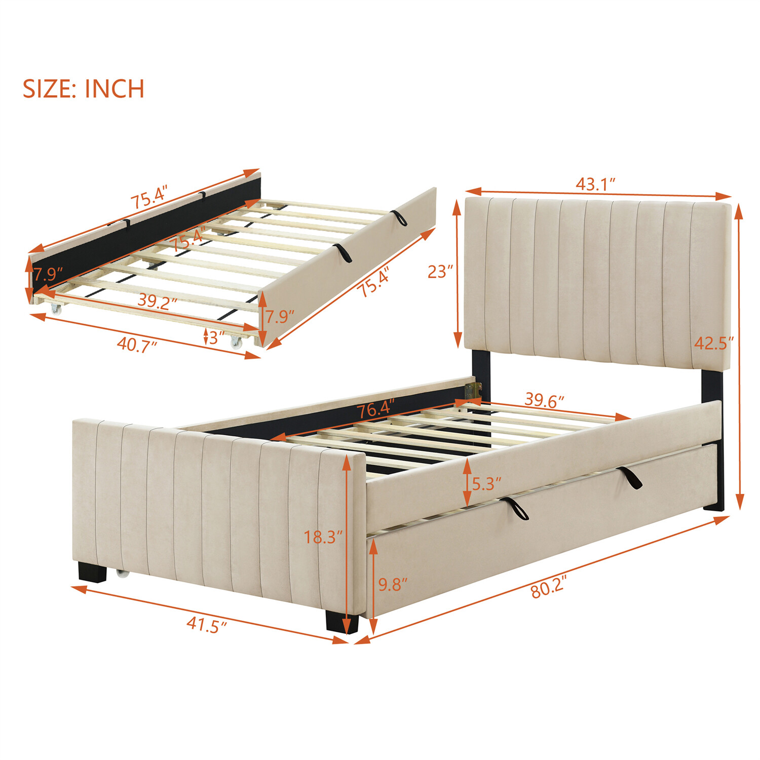 Twin Size Bed Frame Upholstered Platform Bed w/ Pull Out Trundle Beige/Pink US