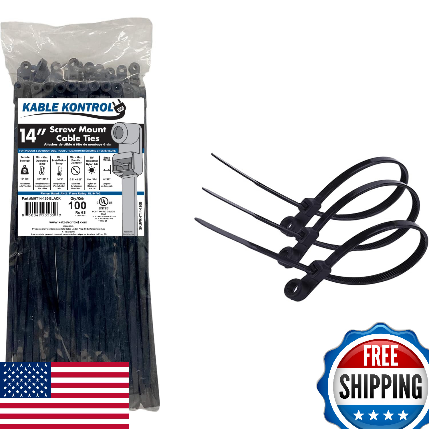Kable Kontrol 14" Black Zip Ties 100 Pcs Self-Locking Mounting Cable Ties
