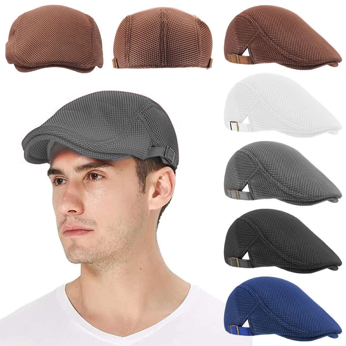 Men's Mesh Beret Newsboy Hat Ivy Cap Breathable Gatsby Summer Cap Cabbie Flatcap