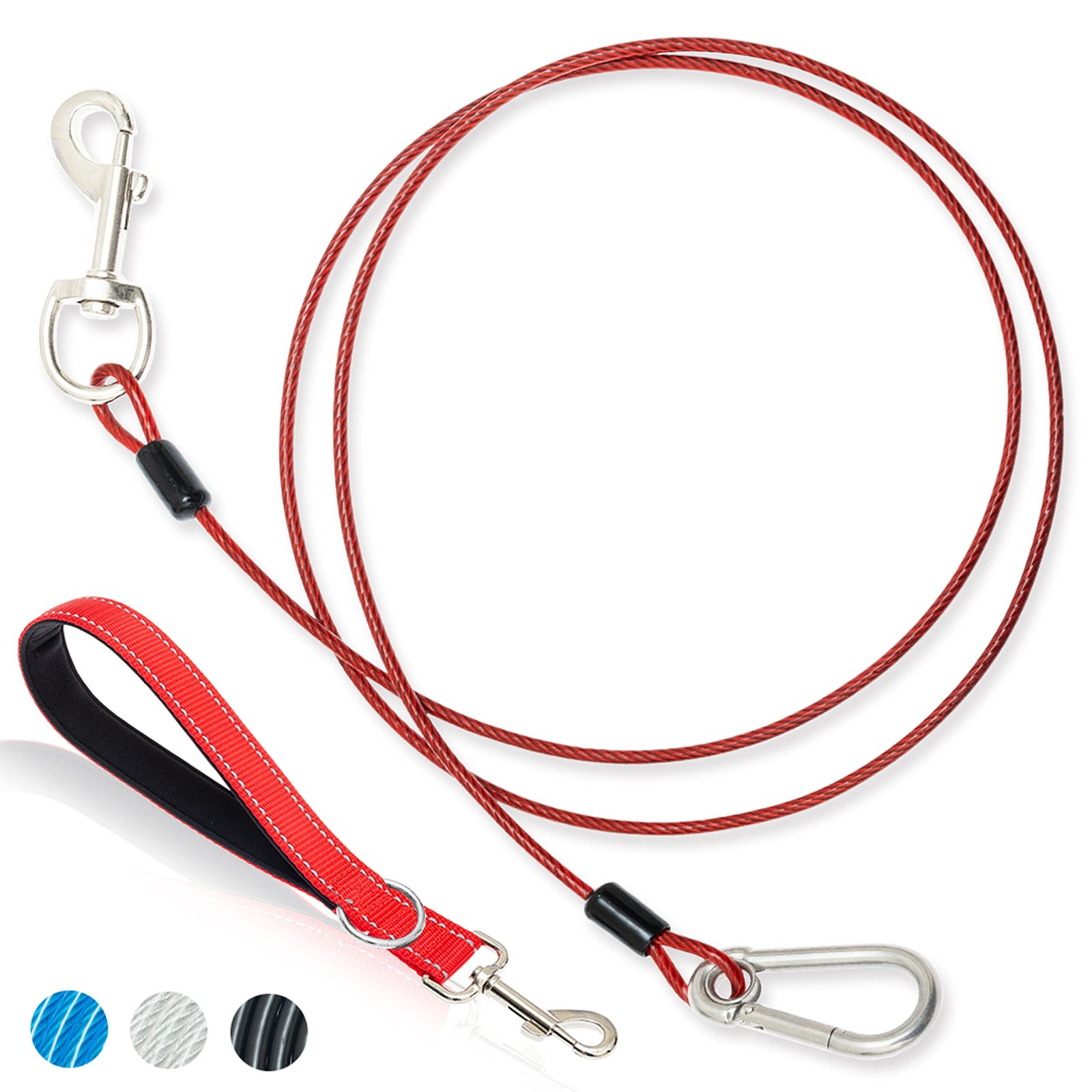 Short Dog Leash - Chew Proof 5 FT Tie Out Cable with Reflective 5 FT, Red