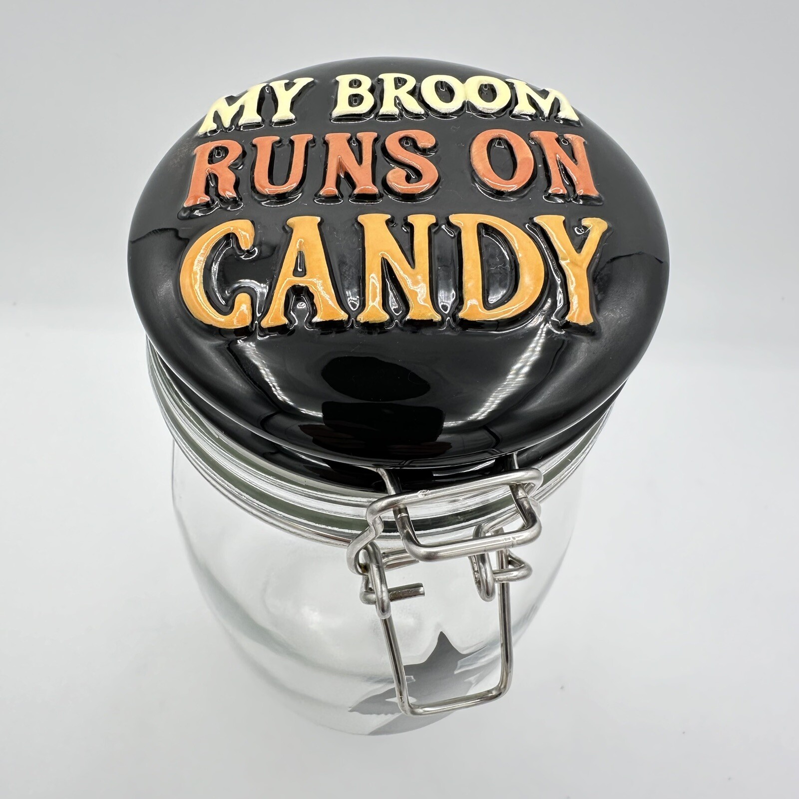 My Broom Runs On Candy 9 Inch Glass Halloween Candy Canister With Airtight Lid