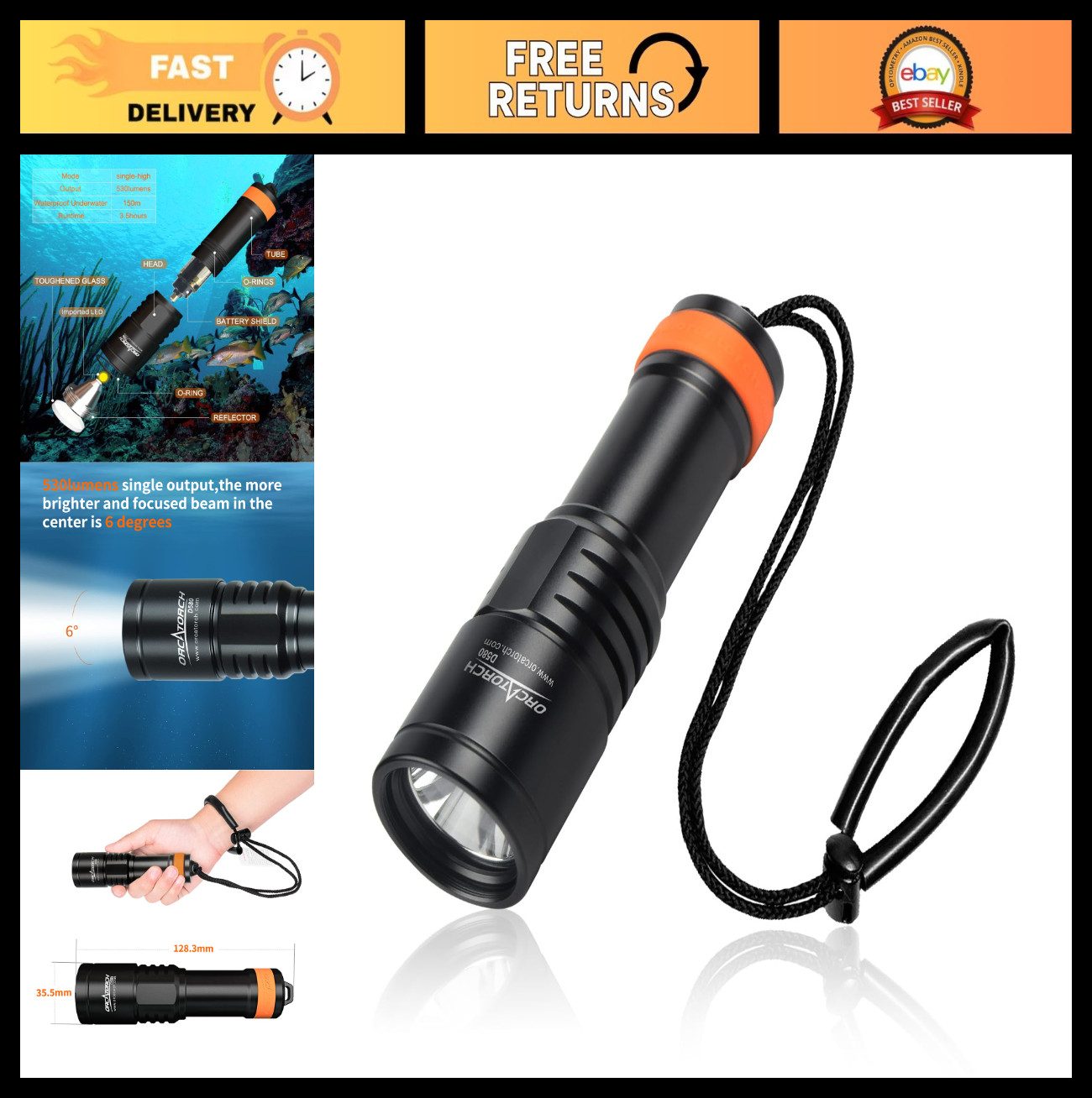 High Lumens Underwater Dive Light, 530 Lumen Waterproof Flashlight, Night Torch,