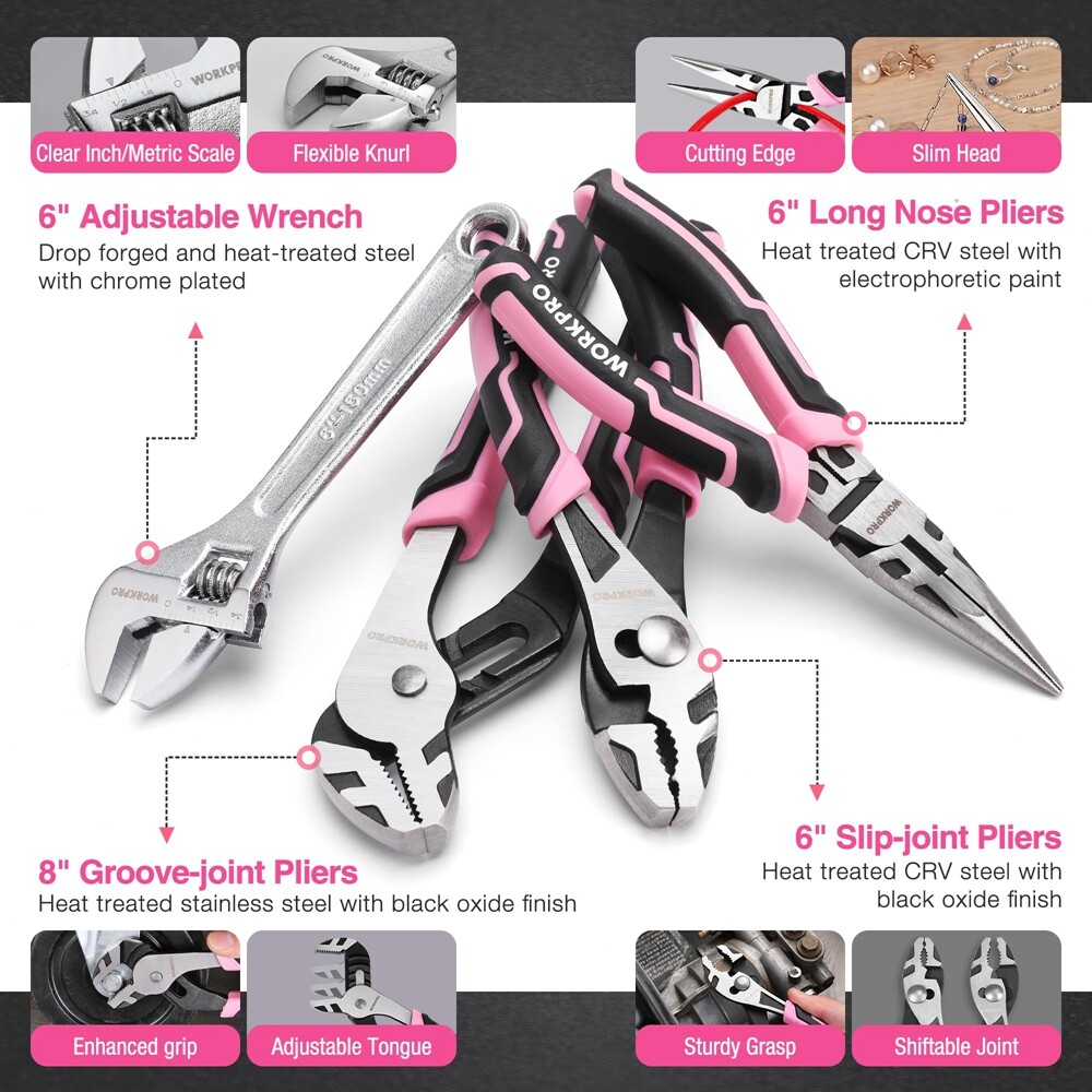 WORKPRO Cordless Drill Driver 43PCS Pink Tool Set 8V Lithium-ion Power Drill Bit