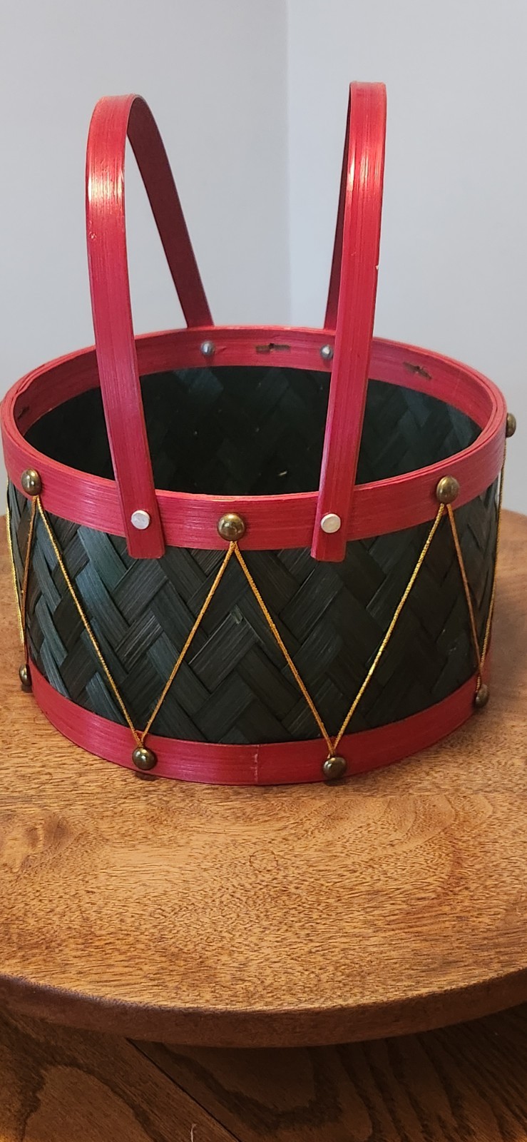 Vintage Christmas Drum Shape Basket Double Handles Red Green Gold Cord Trim 11"