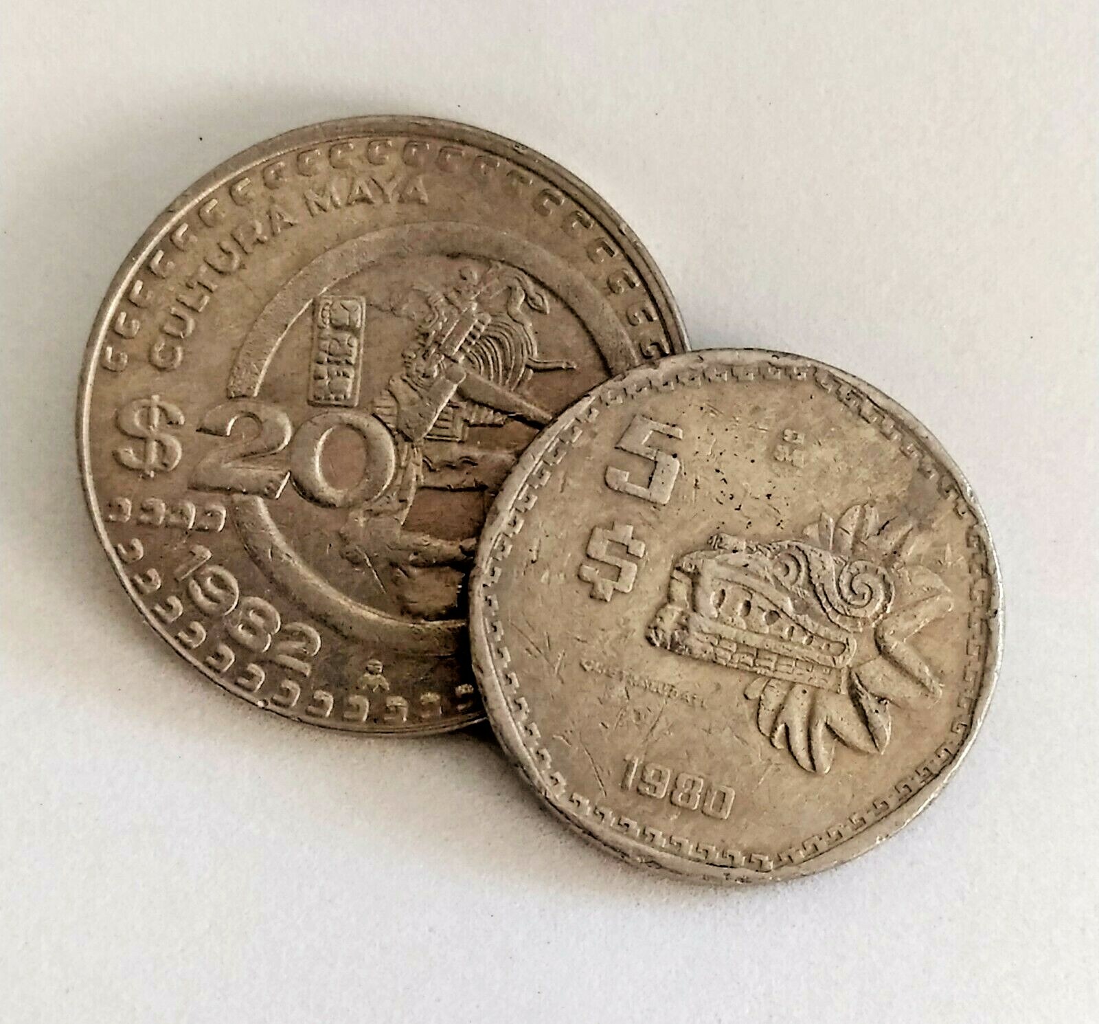Monedas de Mexico 1980's   $20 Pesos Cultura Maya + $5 pesos Quetzalcoatl