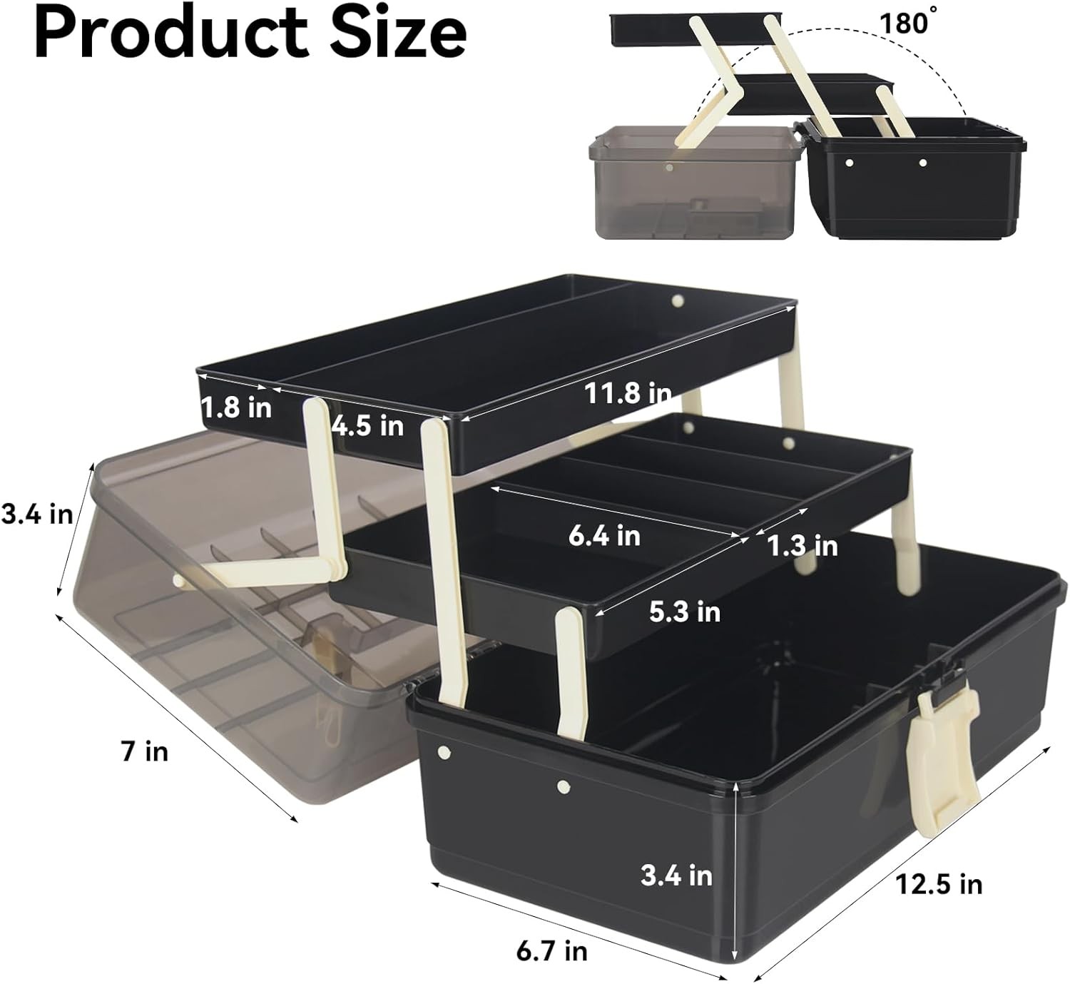 13-Inch Art Storage Box 3-Layers Plastic Storage Box with Handle Craft BLACK