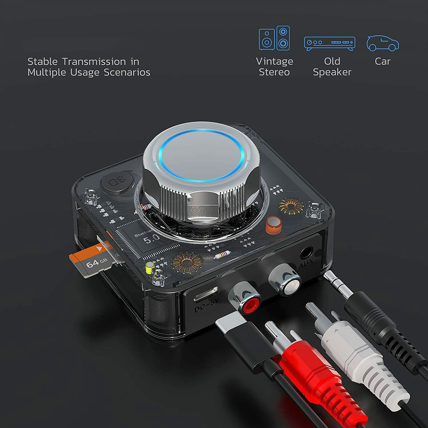 Bluetooth 5.0 Receiver 3.5mm AUX To 2RCA Audio Stereo Wireless Adapter