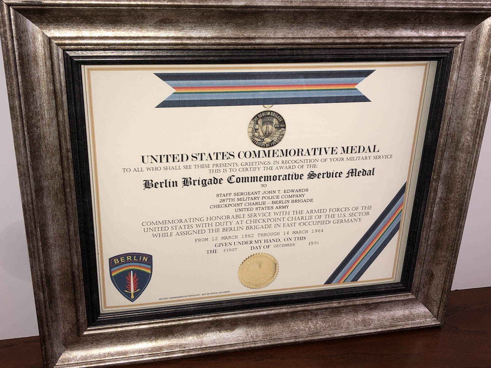 BERLIN BRIGADE COMMEMORATIVE SERVICE MEDAL CERTIFICATE ~Type 1