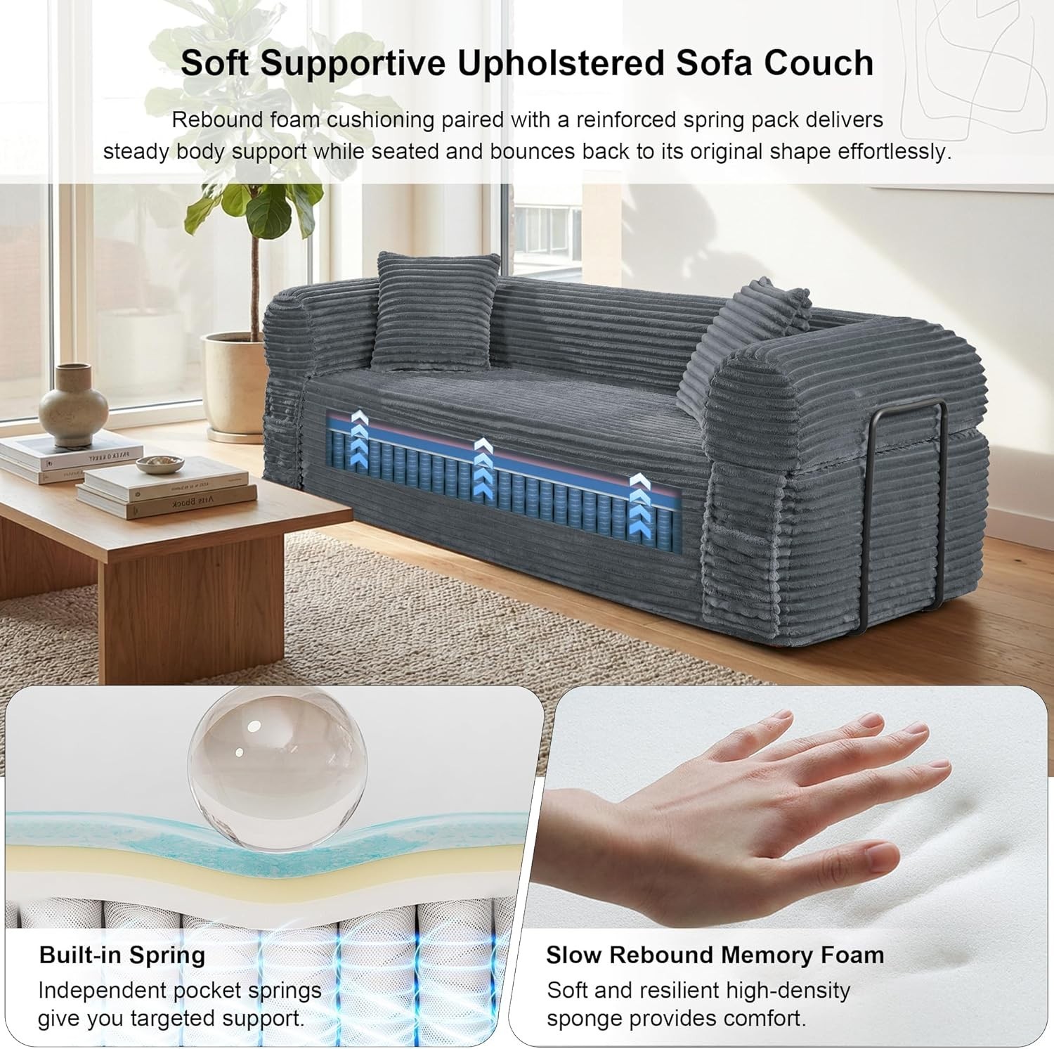 Boneless Convertible Couch Corduroy Sofa with 2 Pillows + Removable Backrest